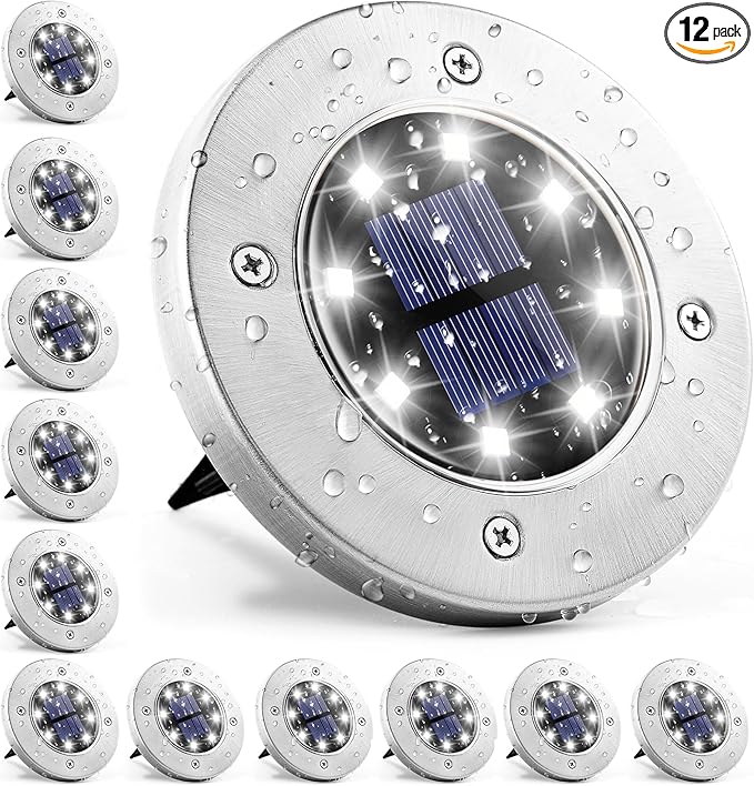 GIGALUMI Solar Ground Lights - No-Drill Fence Lighting Solution Waterproof Perimeter Lights Compatible with Wood Metal &amp Concrete Fences (12 Pack Cool White)