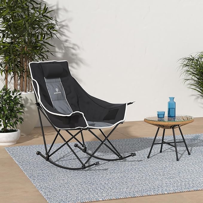 Dowinx Oversized Rocking Camping Chair Fully Padded Patio Chair with Side Pocket and Carry Bag High Back Portable Lawn Recliner with Headrest Support 300 lbs Grey