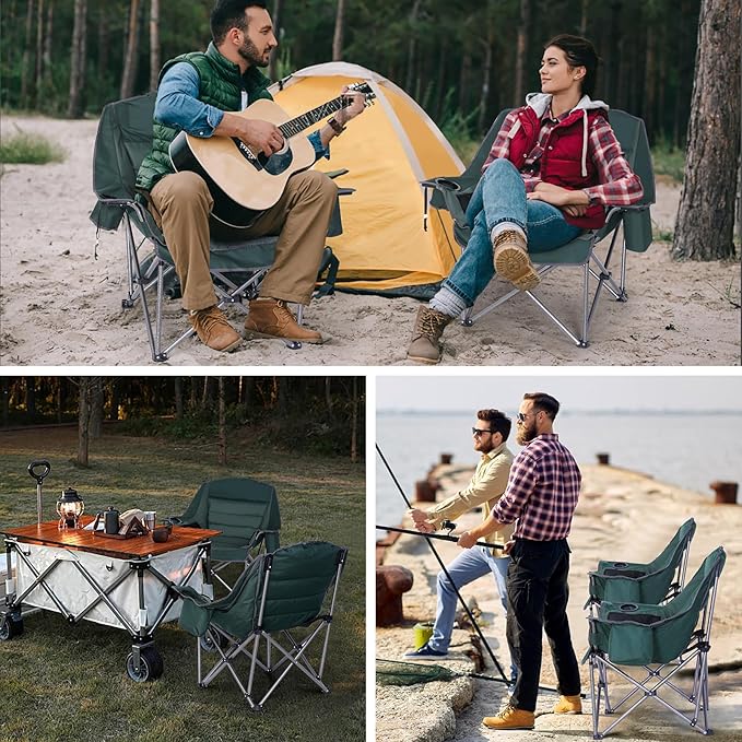 Camping Chair Padded Camping Chair Cushioned Extra Wide Lounge Patio Chair for Adults Heavy-Duty 400Lbs with Cooler Cup Holder and Carry Bag (Green 1-Pack)