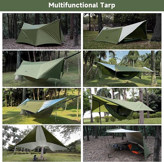 14ft Hammock Rain Fly Lightweight Waterproof Camping Tent Tarp with Doors and Dual Support Poles Bushcraft Tarp Shelter for Backpacking Hiking Camping