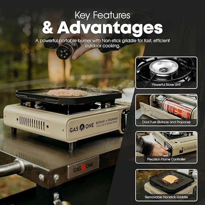 GasOne GS-3400P-KIT Propane or Butane Gas Stove with Flat Top Griddle Included – Dual Fuel Propane Grill Tent Stove Burners for Cooking for Camping Kitchen – Diecast Aluminum with Non Stick Coating