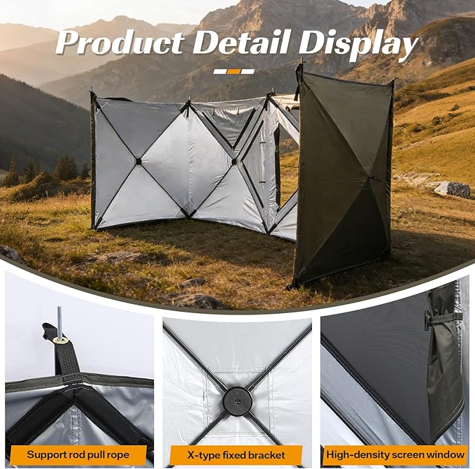 16FT Camping Wind Blocker 4 Panels Beach Privacy Screen Wind Screen Shade Wall with Mesh Window Poles Ground Nails Included for Camping Beach Garden (Green)