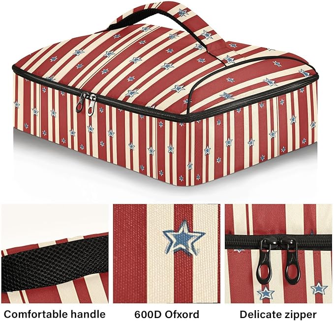 Casserole Carrier Striped Blue StarsInsulated Casserole Carrier for Hot or Cold Food Thermal Lunch Tote for Potluck Parties Picnic Beach Fits 9 x 13 Inches Baking Dish