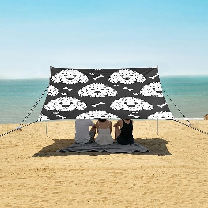 ALAZA White Dogs with Bones Beach Tent Sun Shelter UPF50+ Protection Beach Shade Canopy w/ 4 Sandbags for Outdoor Camping Fishing Backyard Fun Picnic 10x9 ft