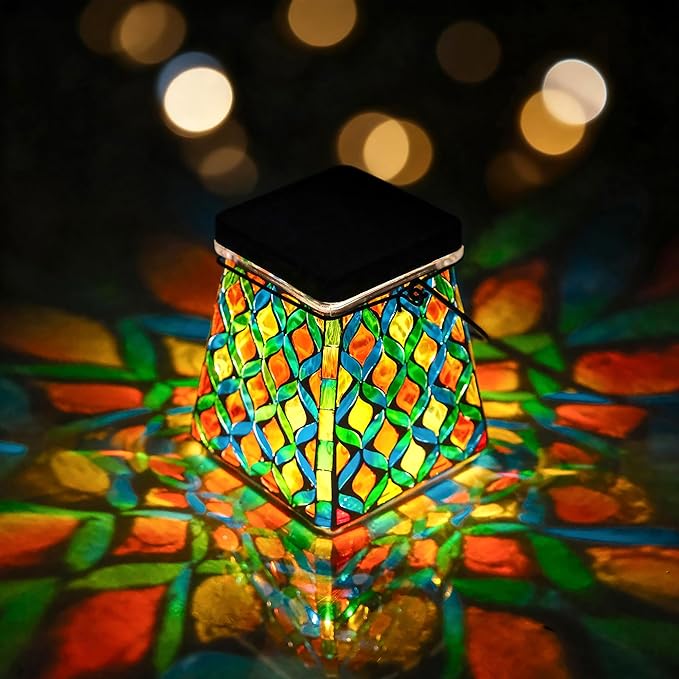VOREEN Mosaic Solar Lantern Colorful Mosaic Glass Decorative Lantern for Outdoor Garden &amp Patio Tabletop or Hanging Solar Powered Light Multicolor Geometric Lattice Design