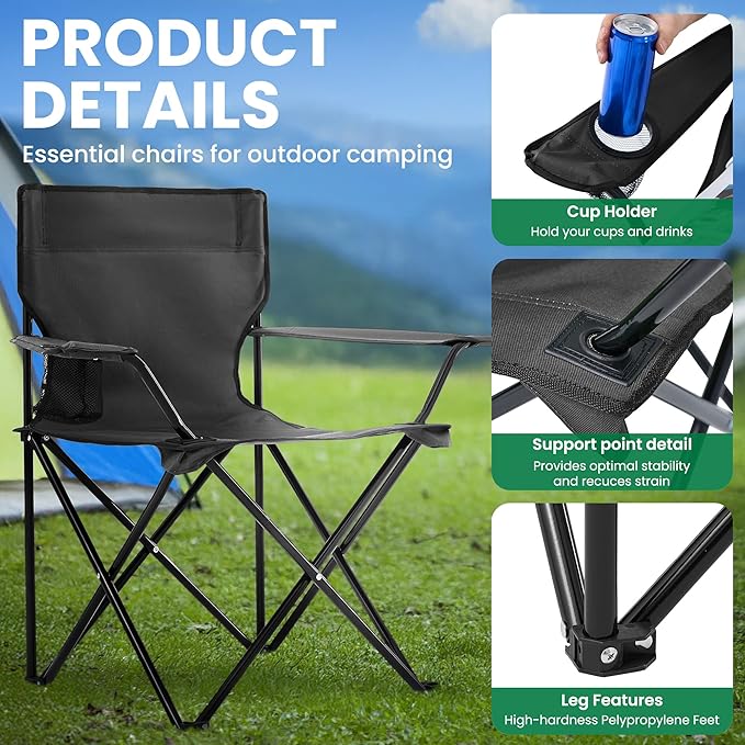 2 Pack Folding Camping Chairs for AdultsFoldable Portable Beach Chairs with Carry Bag &amp Cup Holder Compact Design for CampingBeach Picnicsand Fishing Supports 300LBS（Dark Black）