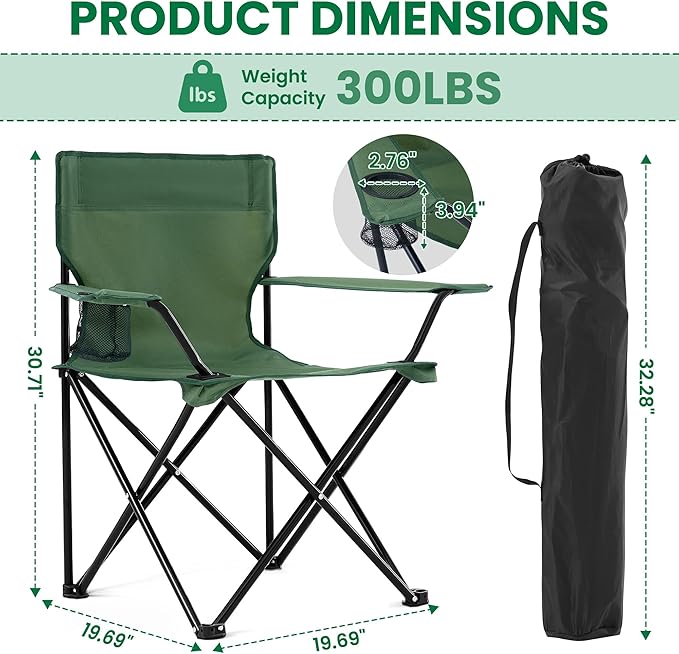 2 Pack Folding Camping Chairs for Adults Foldable Portable Beach Chairs with Carry Bag &amp Cup Holder Compact Design for Camping Beach Picnics and Fishing Supports 300LBS（Dark Green）