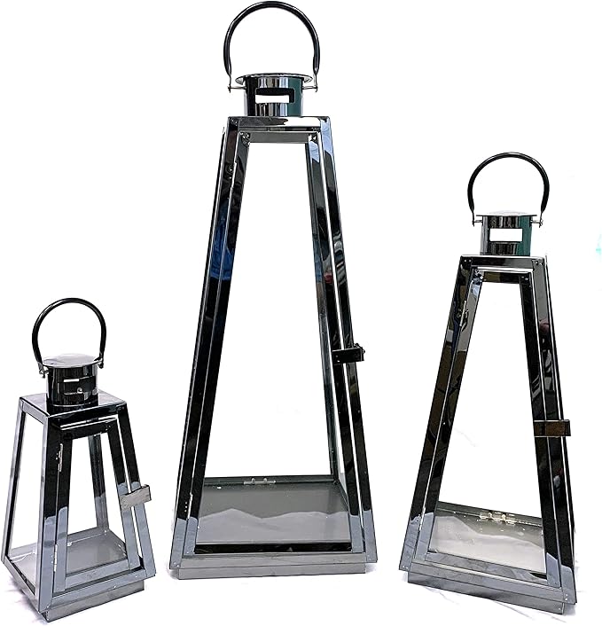 Allgala 3-PC Lantern Set 24 Inch Jumbo Deluxe Modern Indoor/Outdoor Candle Lantern Set Black Stainless Steel Tapered Trapezoid Frame with Tempered Glass for Garden Patio Fireplace Wedding