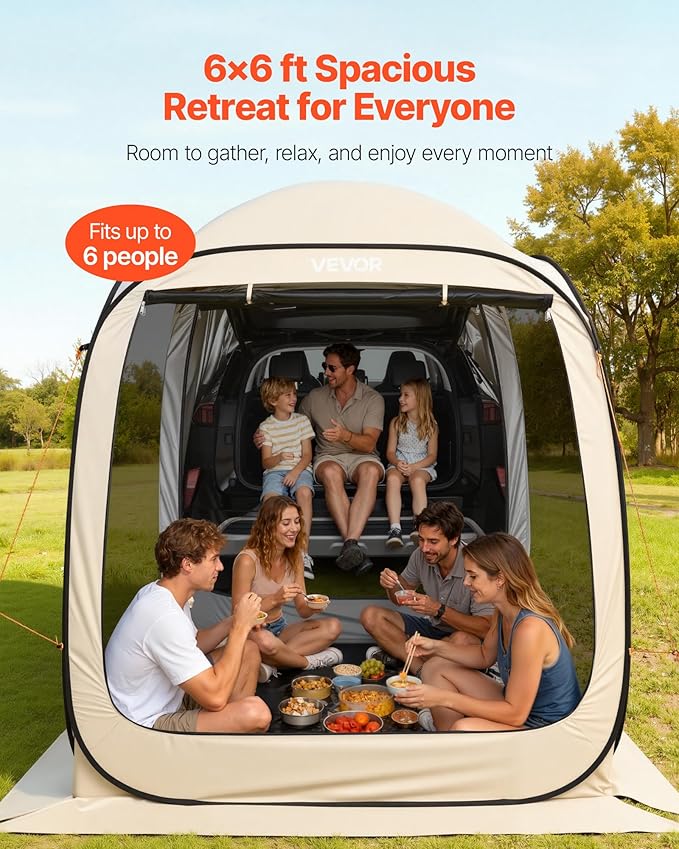SUV Tailgate Tent VEVOR 6 x 6 ft Pop-Up Screen House Canopy for 4–6 Person Portable Screened Shelter with Carry Bag for Car Camping Backyard Patio Outdoor Activities