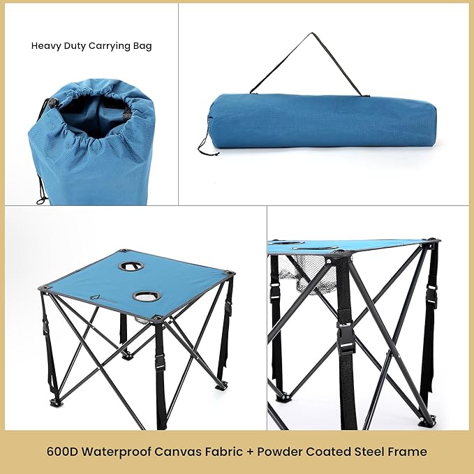 ARROWHEAD OUTDOOR 26” (66cm) Portable Camping Folding Table 2 Cup Holders Square Carrying Case Steel Frame High-Grade 600D Canvas