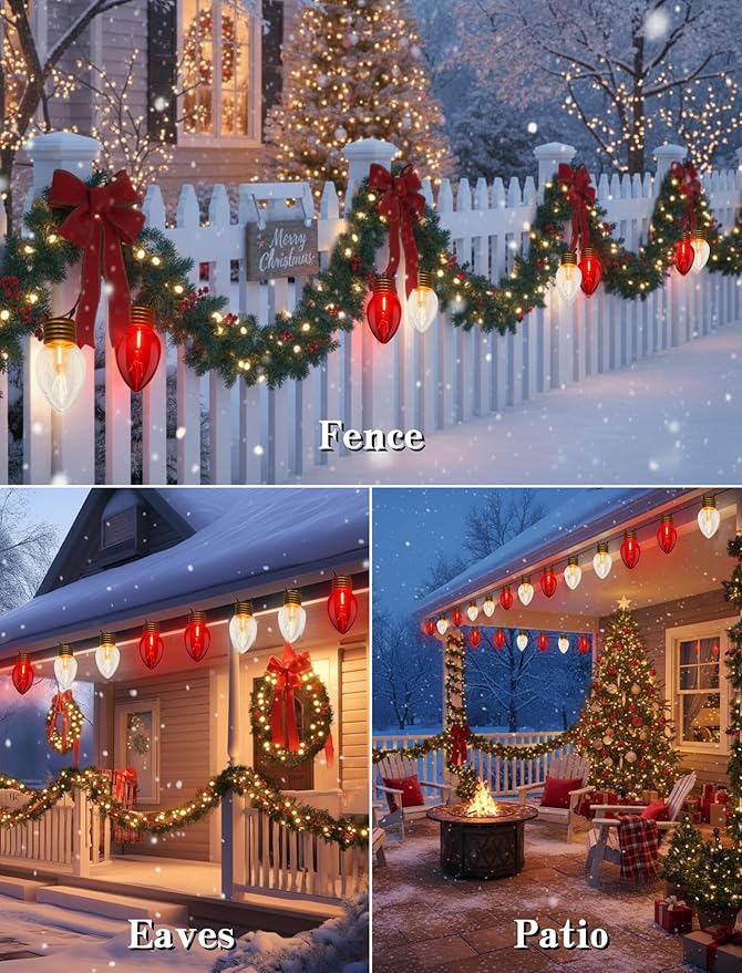16FT Outdoor Christmas DecorationsJumbo Red and White Giant Christmas Lights Outdoor with 10 LED Clear Red and White Bulbs for Tree Holiday Home Roof Yard Garden Decorations