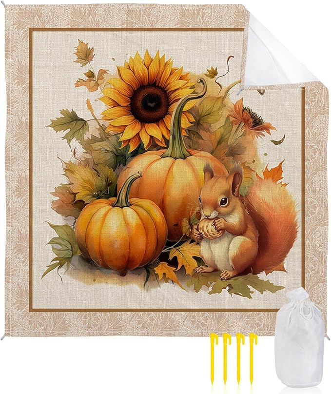 Beach Blanket Waterproof Sandproof Orange Pumpkin Squirrel Fall Watercolor Sunflower Quick Drying Beach Mat with 4 Stakes Thanksgiving Farm Harvest Lightweight Picnic Blanket for Travel 108x84
