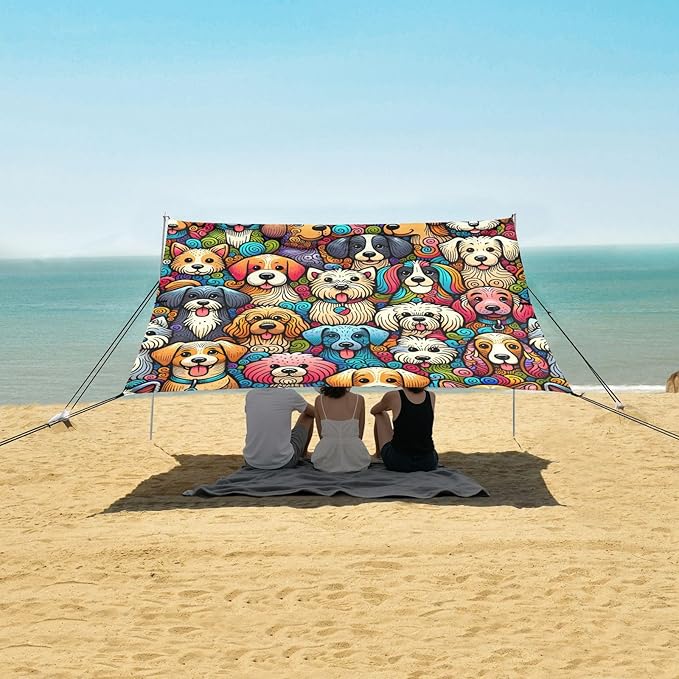 ALAZA Cute Doodle Dogs Puppy Colorful Beach Tent Sun Shelter UPF50+ Protection Beach Shade Canopy w/ 4 Sandbags for Outdoor Camping Fishing Backyard Fun Picnic 10x9 ft