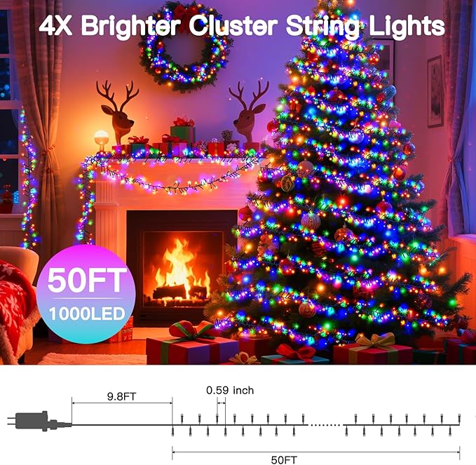 1000 LED 50FT Cluster String Lights Outdoor Multicolor Waterproof Christmas Tree Firecrackers String Lights with 8 Modes &amp Timer Plug in Twinkle Fairy Lights Decor for Indoor Xmas Party Bedroom