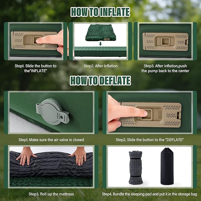 Self Inflating Double Sleeping Pad for Camping with Electric Pump 4 Inch Ultra Thick Memory Foam 2 Person Inflatable Sleeping Pad All Season Full Size Portable Camping Mattress for TravelTent (Green)