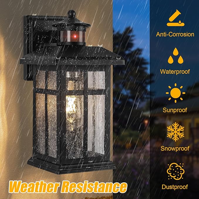 Motion Sensor Outdoor Wall Lights 2 Packs- Updated Dusk to Dawn Outdoor Lighting Exterior Light Fixtures with E26 Sockets &amp Tempered Glass Wall Mounted Black Waterproof Outdoor Lights for House