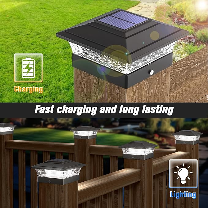 Solar Post Cap Lights Outdoor 6pack Waterproof Fence Post Lights with 16 Ultra Bright LEDs Fit 4x4 Wood/Vinyl Posts Black Deck Post Lights with Warm/Cool White for Garden Patio Porch Yard