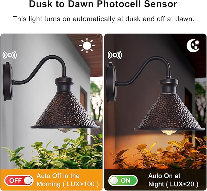 Dusk to Dawn Outdoor Gooseneck Wall Sconce with Dark Sky Cast Hammered Aluminum Shade in Oil Rubbed Bronze FinishAnti-Rust Waterproof Outdoor Light for Farmhouse Porch Garage1-Light E26
