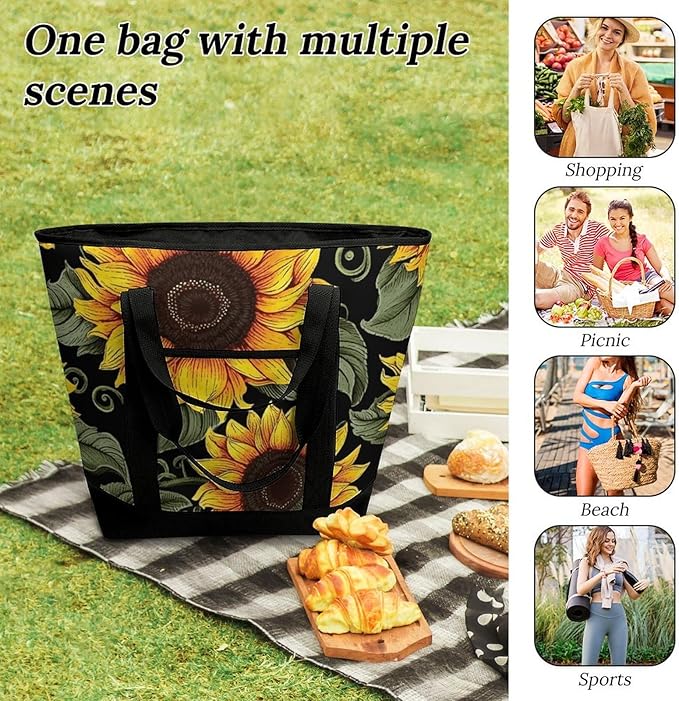 Insulated Shopping BagLarge Reusable Cooler Bags Floral Sunflower Printed Foldable Shopping BagTravel Waterproof Shoulder Bag