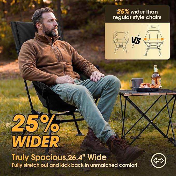 MOON LENCE Oversized High Back Camping Chair with Pillow for Adults Height Adjustable Folding Chair with 400 lbs Capacity Hidden Pillow Pocket &amp Wide Seat for Camping Fishing Base Camp Black