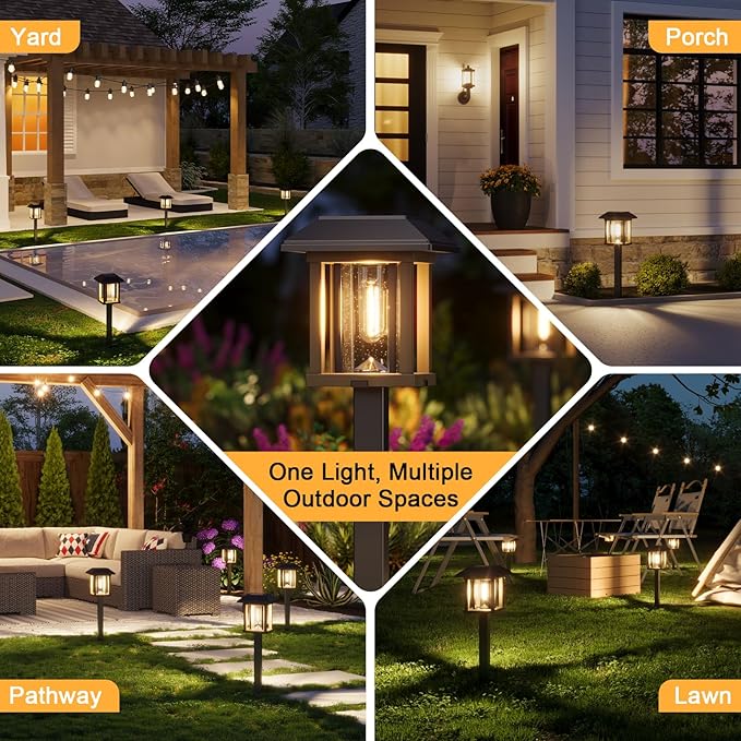 XMCOSY+ 4-Pack Solar Pathway Lights Outdoor 25 Lumens Vintage Edison LED Landscape Lighting IP65 Waterproof Seeded Glass &amp Metal Stakes Solar Powered Garden Lights for Yard Patio Walkway Drivewa