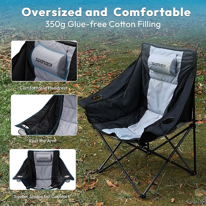 Swonder Oversized Moon Camping Chair with Innovative 2-in-1 Removable Seat Cushion for All Seasons Heavy-Duty Fully Padded Folding Outdoor Chair with Headrest and Carry Bag