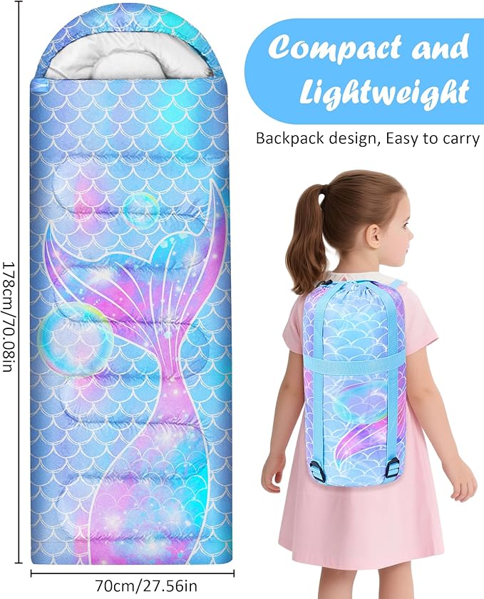 Sleeping Bags for Kids 3 Season Waterproof Sleeping Bag with Carry Bag for Camping Hiking Rainbow Unicorn