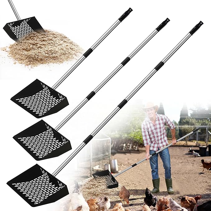 Jusoney Heavy-Duty Chicken Poop Scooper with 4-in-1 Adjustable Handle (35-61) - Sturdy Stainless Steel and Iron Construction for Large Chicken Coop - Ergonomic Design &amp Easy Cleaning