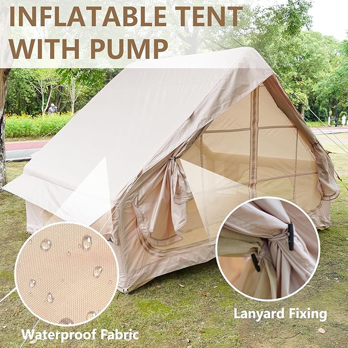4-6 Person Inflatable Camping Tent with Pump - 4 Season Waterproof Glamping Tent 410D Oxford Fabric with 12 Mesh Windows Easy 5-Minute Setup for Family Outdoor Adventures