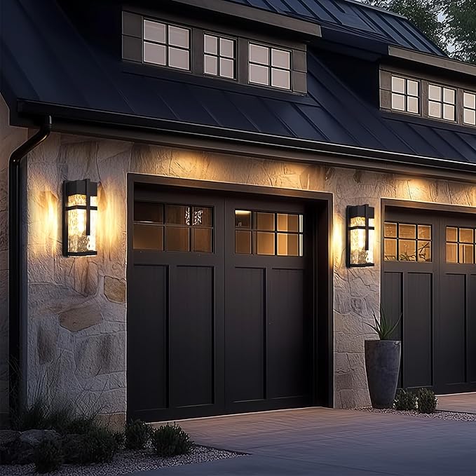Hammered Glass Outdoor Wall Lantern Dusk to Dawn Wall Sconce Lighting 2 Pack Outdoor Light Fixtures Exterior Porch Light with Waterproof Modern Wall Lamp for Garage Doorway Patio(Bulb Included)