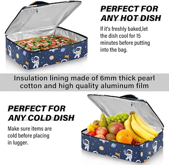 Casserole Carrier Cute Cartoon Pattern AstronautsInsulated Casserole Carrier for Hot or Cold Food Thermal Lunch Tote for Potluck Parties Picnic Beach Fits 9 x 13 Inches Baking Dish