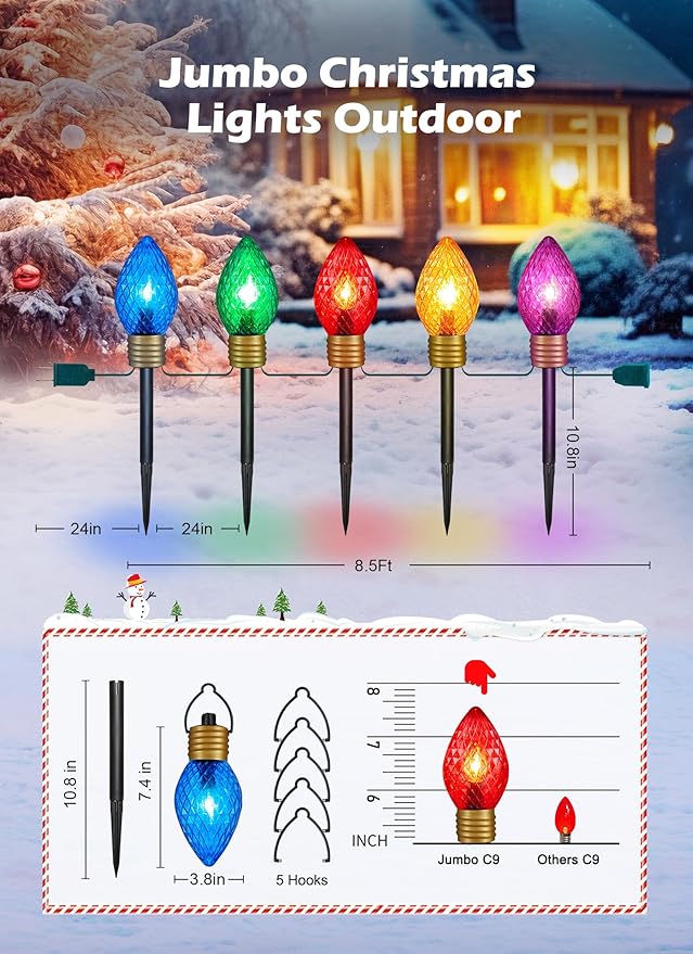 Brightown Strawberry Jumbo C9 Christmas Pathway Lights OutdoorChristmas Outside Decoration Lawn8.5Ft 5 LED String Lights Covered Jumbo Multicolored Walkway Light Bulb for Holiday Outside Yard Decor