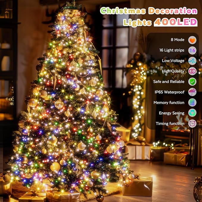 Christmas Tree Lights - 400 LED 8.2Ft x 16 Line String Lights with Timer Memory Function 8 Modes for Indoor/Outdoor Wedding Party Decoration (Multicolor)