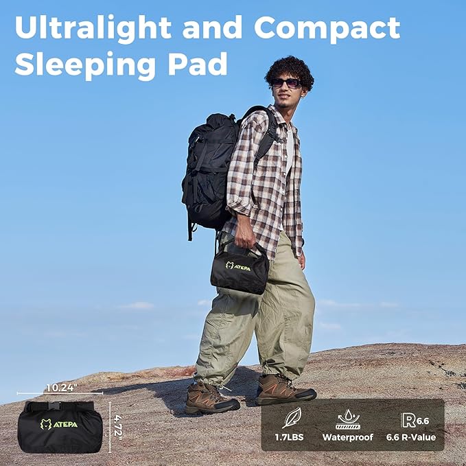 ATEPA ThermAir Pro Backpacking Inflatable Sleeping Pad 6.6 R-Value Insulated Ultralight Portable Camping Pad Thick Camping Mat for Camping Backpacking Tent Wide Long Size 78x27 Black