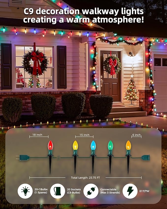 Christmas Pathway Lights Outdoor 102.8 Ft Driveway Christmas Lights with 80 Multicolor Bulbs and Stakes Connectable Outdoor Decorations Yard Walkway Sidewalk Holiday Multicolor