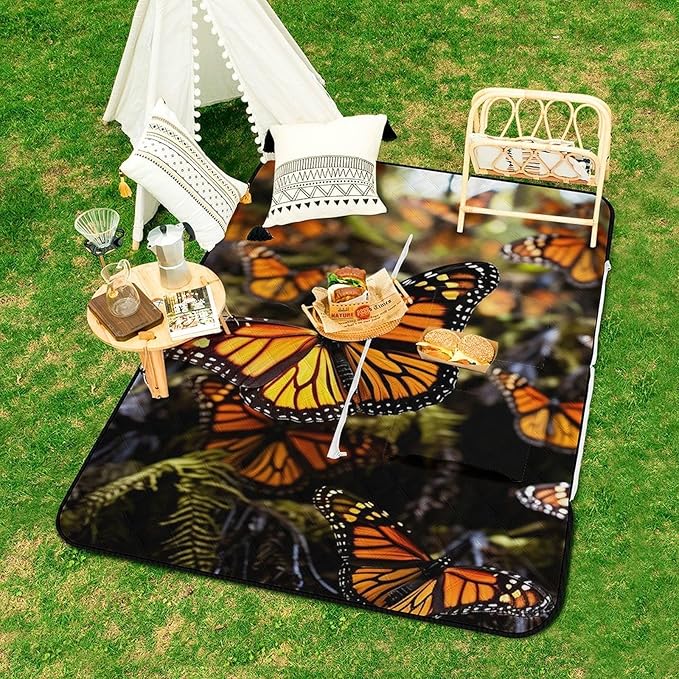 Zipper Heaps of Orange Monarch Butterflies Style Picnic Mat Suitable for Travel Camping Park Or Home Use