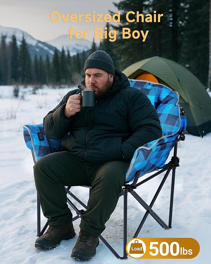 Slsy Oversized Heated Camping Chair Heavy Duty Folding Chair 500 lbs Support with Padded Seat Portable for Camping Outdoor Sports Patio &amp Picnics