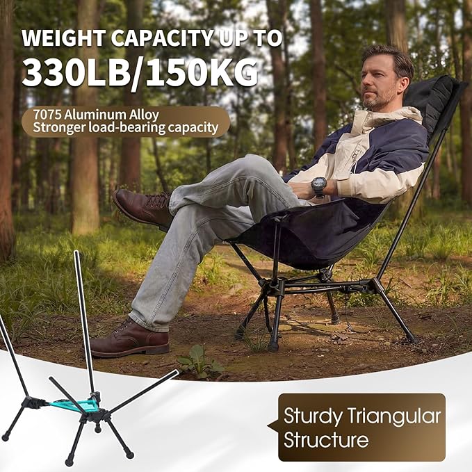 MOON LENCE High Back Folding Camping Chair 330lbs Portable Compact Chair with Wide Seat &amp Ergonomic Back Support (Khaki)