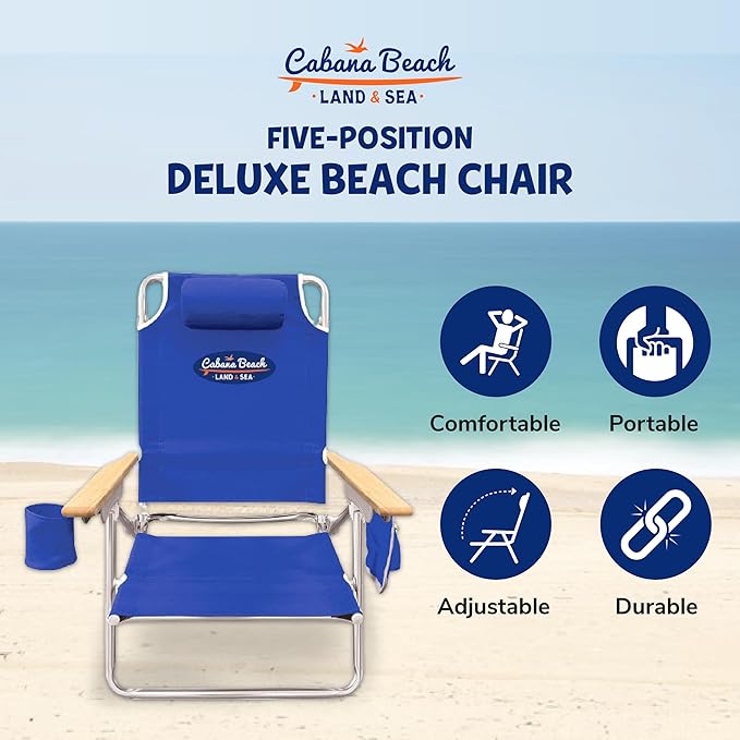 Cabana Beach Folding Beach Chair 5 Position Lightweight Portable Reclining Outdoor Camping Accessories with Headrest Shoulder Strap and Cup Holder Blue