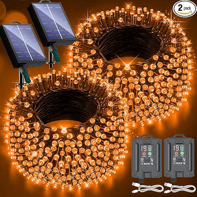New Upgraded Solar Halloween String Lights Outdoor Waterproof Solar &amp USB Rechargeable 19 Modes 2 Pack Total 144FT 400 LED Orange Halloween Lights for Yard Patio Garden Christmas Decorations Ora