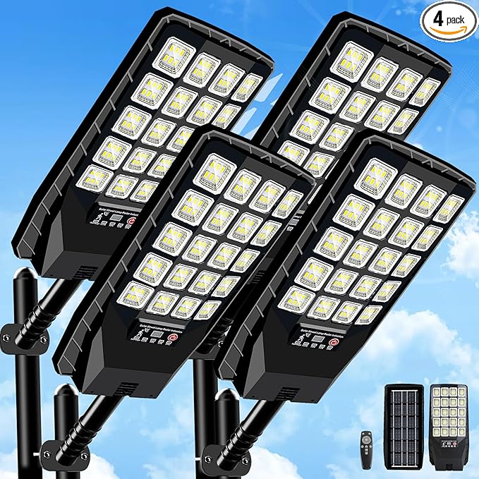 4 Pack Solar Street Lights Outdoor Waterproof 6500K 20000LM Wide Angle Solar Powered Flood Light with Motion Sensor &amp Remote ControlDusk to Dawn Commercial Solar Outdoor Light for Parking Lot