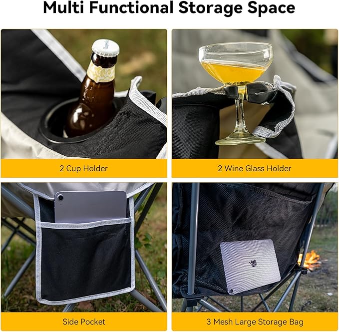 Double Camping Chair – 2-3 Person Outdoor Folding Sofa with Cup &amp Wine Glass Holders – Oversized Loveseat Camping Couch for Campfire RV Backyard – Supports Up to 1050 lbs