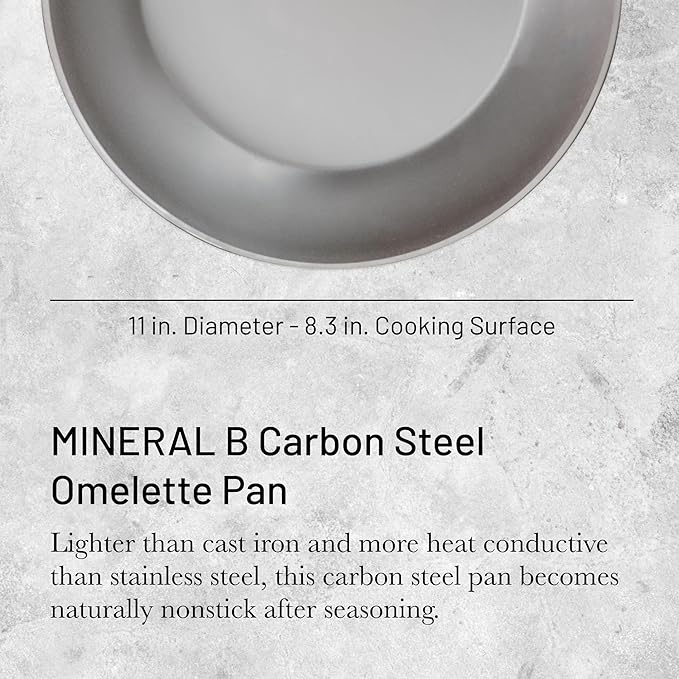 de Buyer MINERAL B Carbon Steel Omelette Pan - 11” Diameter 8.3” Cooking Surface - Naturally Non-Stick Finish - Made in France
