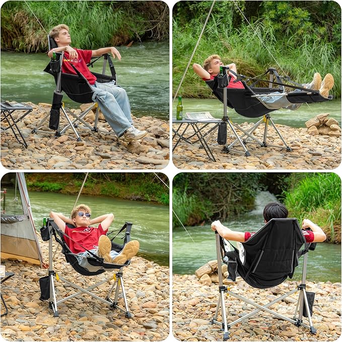 Romswi 2-Pack Aluminum Hammock Chair with Footrest Oversized Portable Folding Swinging Chair with Adjustable Back &amp Seat Lightweight Rocking Camp Chair Supports 440lbs for Outdoor Patio - Black