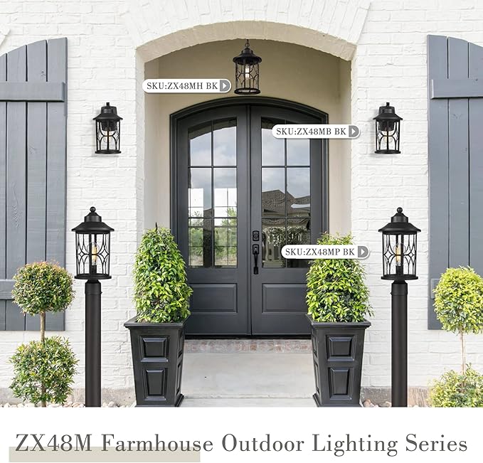 zeyu Outdoor Hanging Light Fixture - 15 Inch Farmhouse Exterior Pendant Light Fixture for Porch with Seeded Glass Black Finish ZX48MH BK
