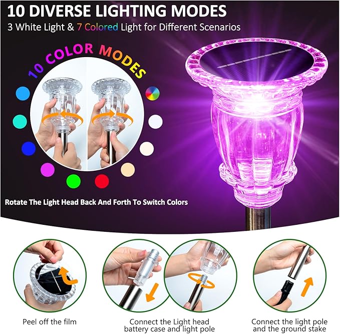 Solar Pathway Lights Outdoor 4 Pack 10 Modes RGB Color Changing &amp White Solar Garden Lights 17.5 IP65 Waterproof Glass Stainless Steel Solar Powered Landscape Lights for Yard Walkway Driveway P