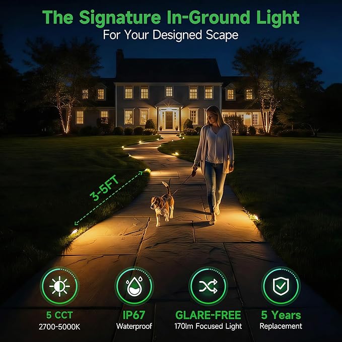 In Ground Landscape Lighting Low Voltage - 2700K-5000K 5 Color Selectable LED IP67 Well Lights Turret Top 12V Outdoor in-Grade Light ORB Aluminum for Driveway Garden Lawn 3W 170LM 4 Pack