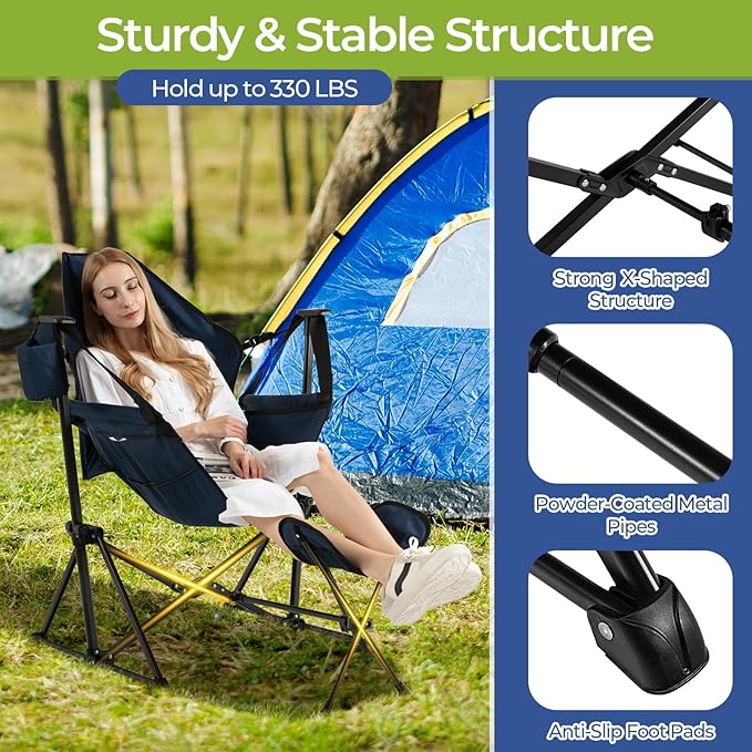 GYMAX Hammock Camping Chair Folding Camp Chair with Detachable Footrest Adjustable Backrest Pillow Cup Holder &amp Carry Bag Portable Rocking Camping Chairs for Beach Lawn Fishing (2 Navy)