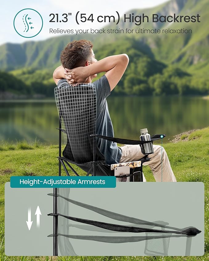 SONGMICS Breathable Camping Chairs Foldable Outdoor Chairs Set of 2 High Back Adjustable Armrests Drink Holder Weight Capacity 330 lb for Sports Garden Backyard Ink Black UGCB028B02