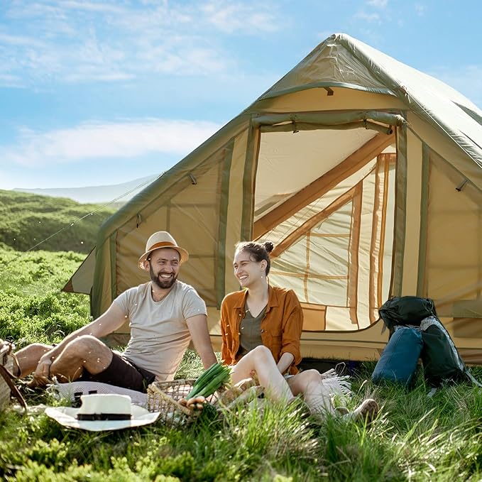 Nice C Inflatable Tent for Camping Glamping Tent for Adults Blow Up Tents with Air Pump 2-in-1 Air Valve Chimney Opening Waterproof Windproof Easy Set Up